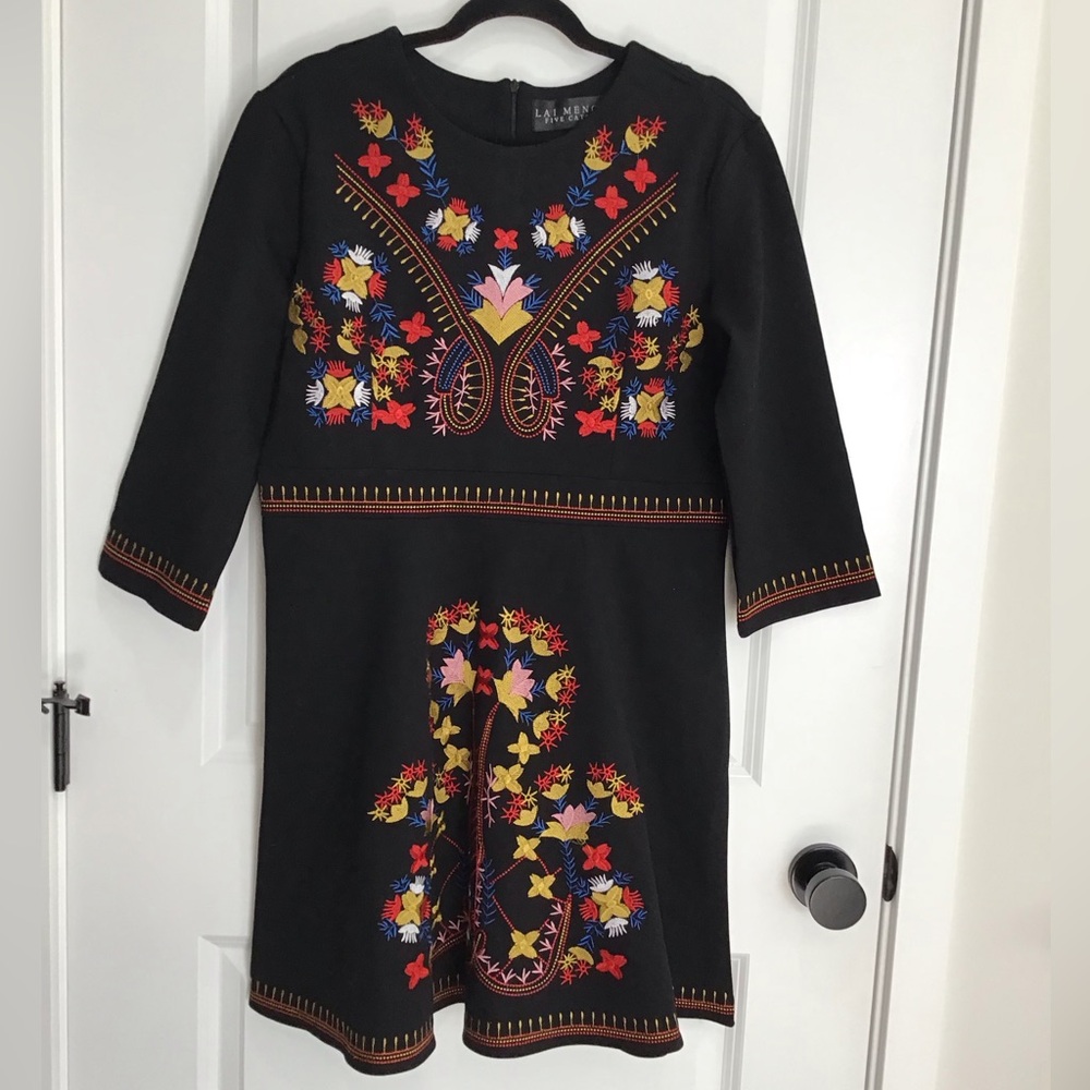 Lai Meng Five Cats Black Floral Embroidered 3/4 Sleeve Fit & Flare Dress Size XL